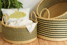 Load image into Gallery viewer, 3 Large Sage and Natural Stripes Floor Baskets
