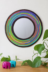 12" Round Leather and Hand Beaded Mirror