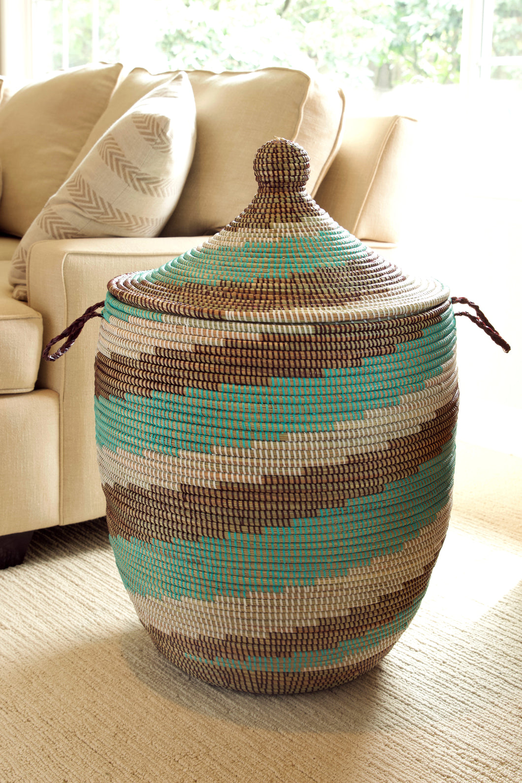 Medium Lidded Hamper Aqua, White, Brown