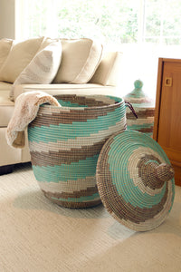 Medium Lidded Hamper Aqua, White, Brown