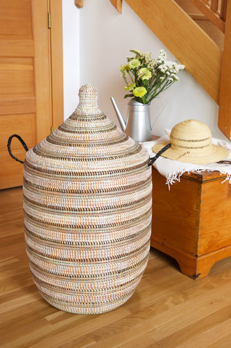 Large Lidded Hamper: White, Silver, and Black Stripes